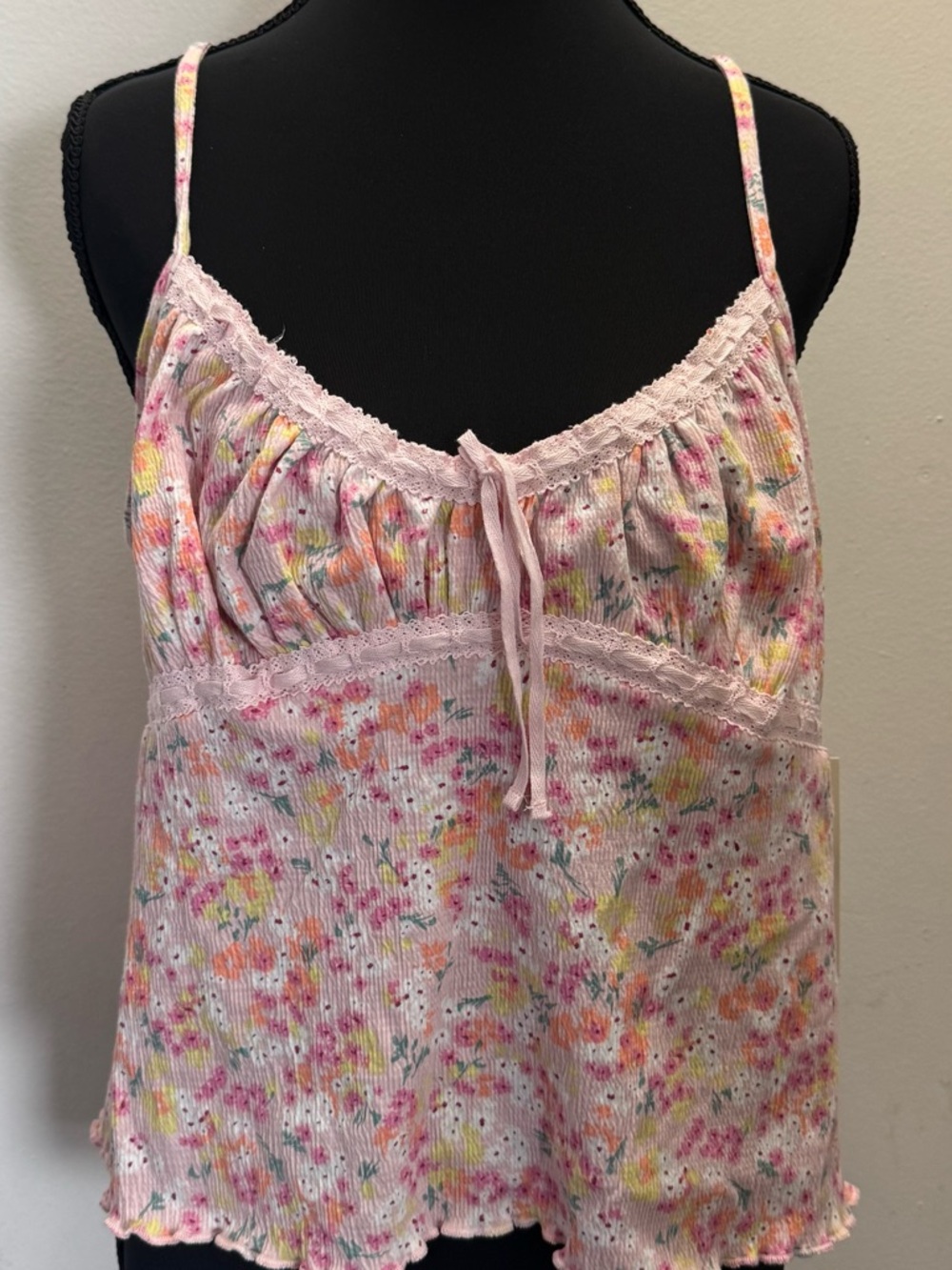 No Boundaries Pink Floral Lace Trim Cami Tank Top